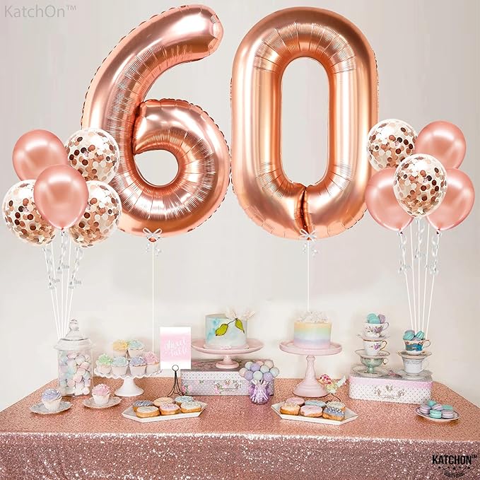 KatchOn, Big Rose Gold Number 60 Balloon - 40 Inch | Mylar Foil 60 Balloon Numbers For Happy Birthday Decorations | Number Balloons With Confetti For Anniversary Decorations | Birthday Party Supplies