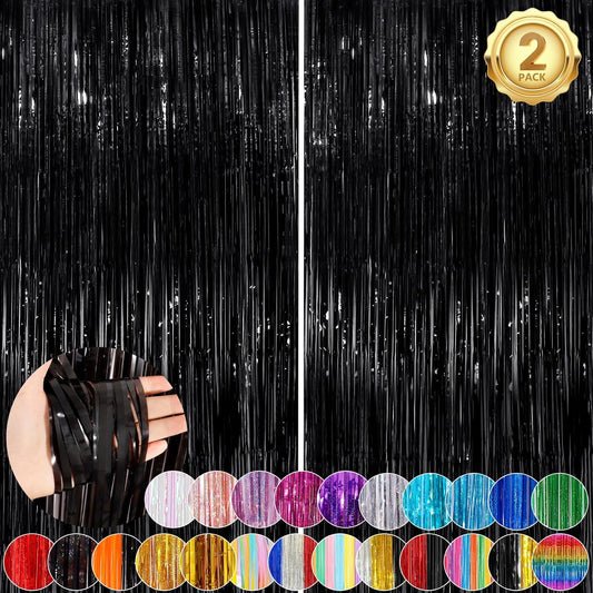 Black Fringe Curtain Party Streamers 2Pack 3.3x8.3 Ft Foil Fringe Backdrop Curtains for Birthday Wedding Bridal Baby Shower Halloween Decor Tinsel Streamers Black Party Decorations Door Streamers