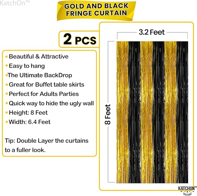 KatchOn, Xtralarge Black and Gold Streamers - 8x3.2 Feet, Pack of 2 | Black and Gold Fringe Curtain for Black and Gold Party Decorations | Black and Gold Backdrop, Graduation Decorations 2024