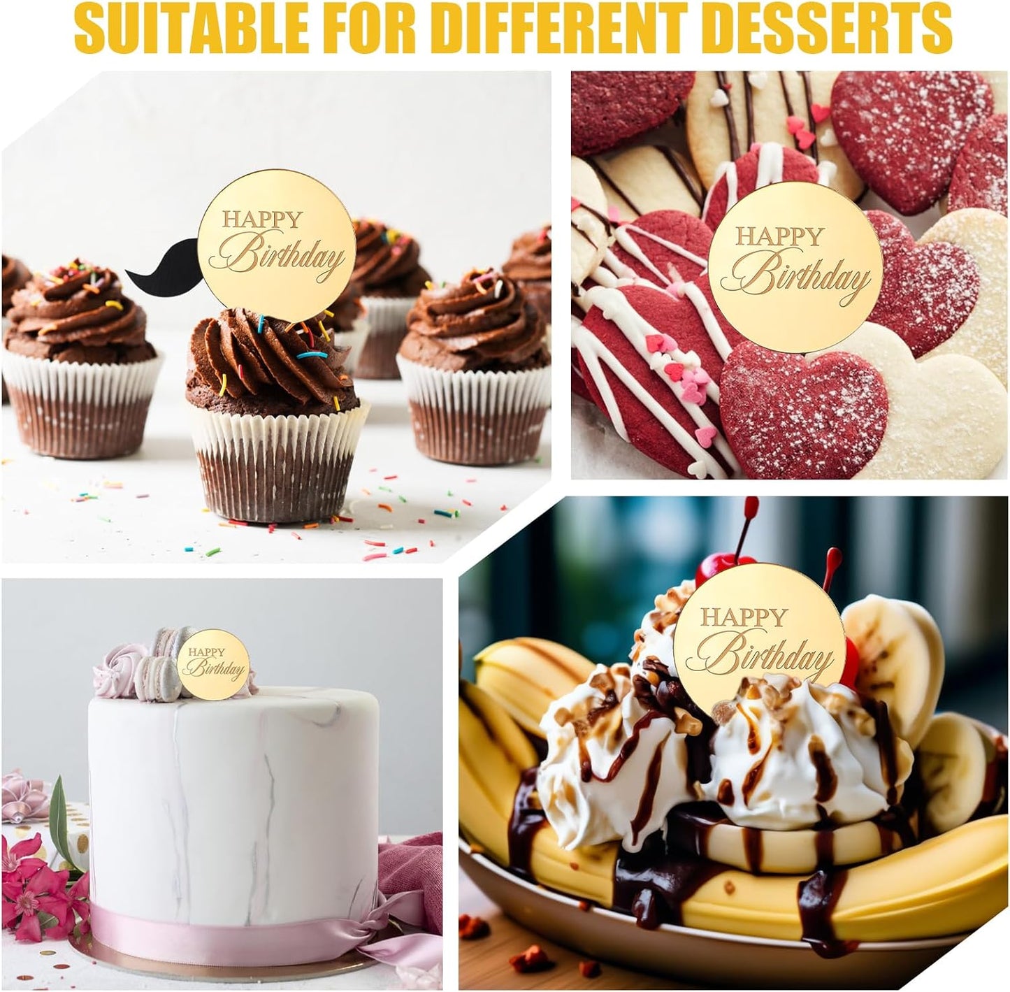 Mirror Round Cupcake Toppers Acrylic Circle Happy Birthday Cupcake Toppers, 20PCS Happy Birthday Cake Decorations, Round Engraved Cake Picks, Reusable Party Supplies, Gold