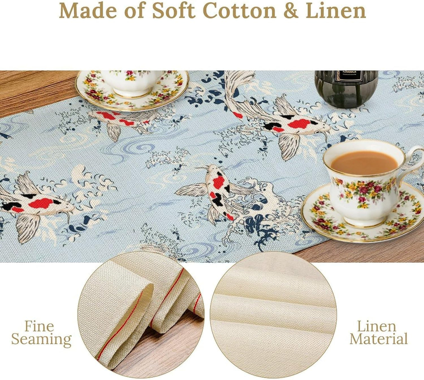 Kio Fish Table Runner Waves Retro Japanese Tradition Art Printed Burlap Runner Home Kitchen Dining Table Living Room Decor Fabric 1 Panel W13xL90in