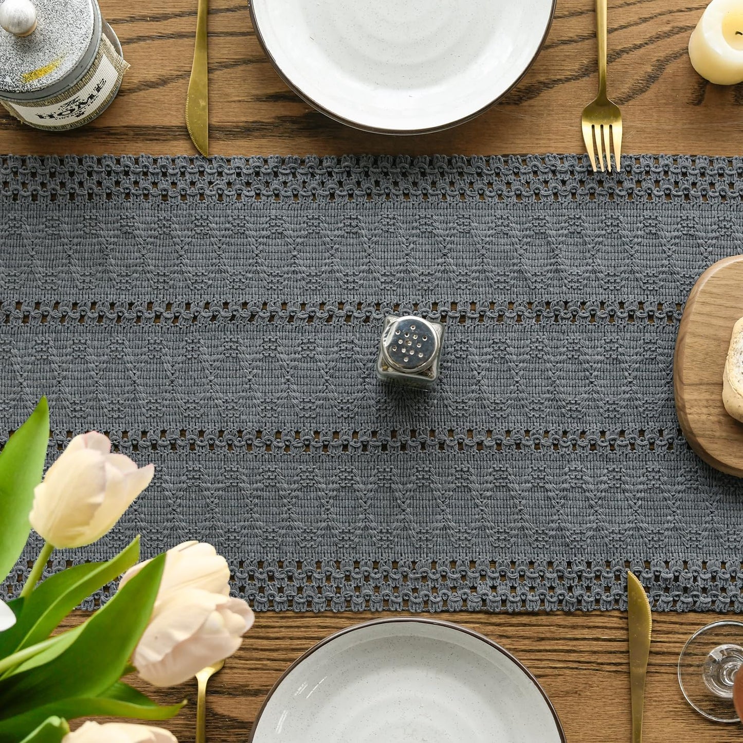 Artoid Mode Dark Grey Farmhouse Woven Rustic Hollow Table Runner, Seasonal Holiday Hollow Kitchen Dining Table Decoration for Home Party Decor 12x48 Inch