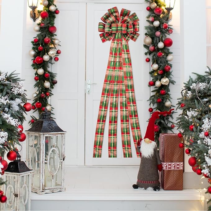WRAPAHOLIC Large Christmas Tree Topper Bow - 13 x 52 Inch Classic Plaid Glitter Christmas Tree Topper Ribbon Bow Wreath Bows with Wired Edge for Xmas Ornament Indoor Outdoor Decoration