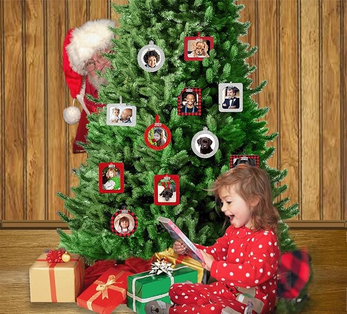 2025 Photo Ornaments for Christmas Tree, Sparkly Glitter Christmas Frame Ornament, Easy-Load Magnetic Design, Includes Satin Ribbon, Silver Charm & Photo Protector, Vertical, Blue