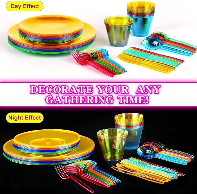 Kochorie 252 PCS Neon Party Supplies Serves 36 Including 7.5 & 10.25 In Disposable Plastic Neon Plates 9 Oz Cups Cutlery Napkins Tableware Set Dessert Cake Plates for Blacklight Party Birthday