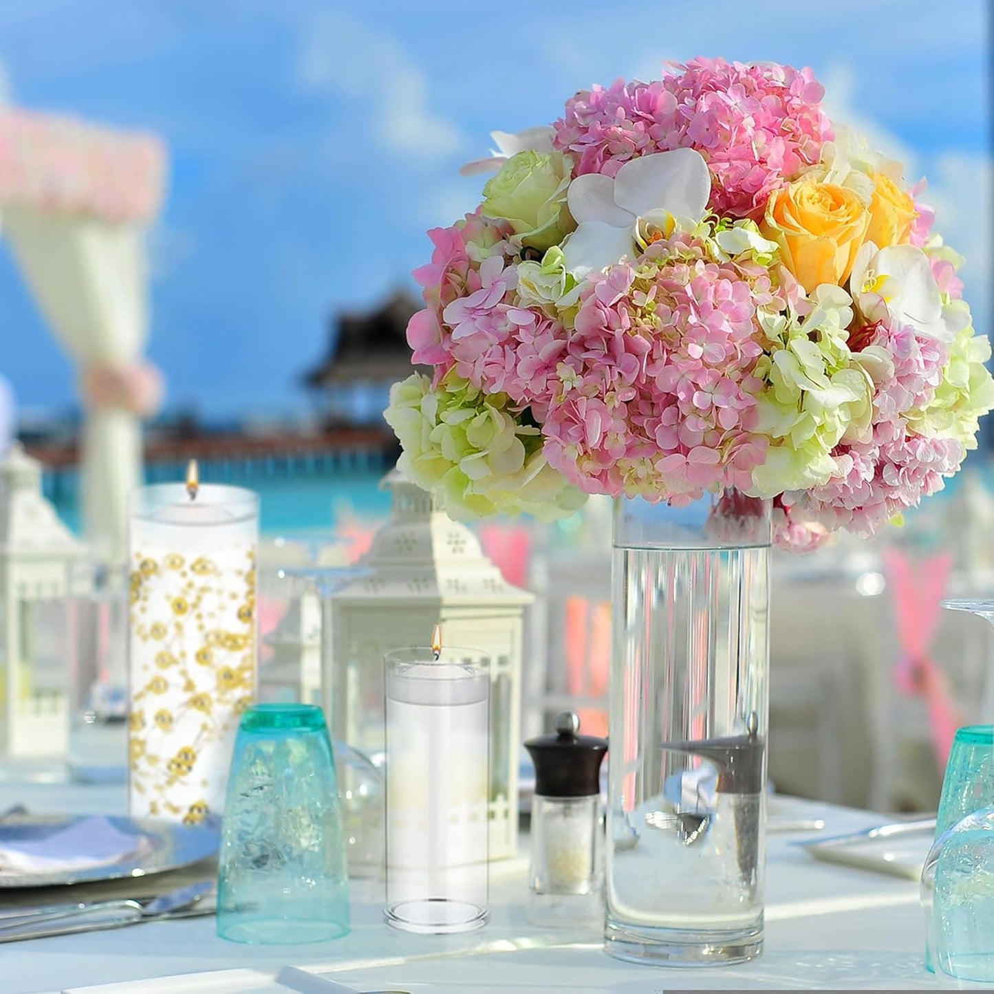 Set of 4 Pcs Glass Cylinder Vases for Centerpieces with 6 Pcs White Floating Candles for Centerpieces Glass Candle Holder for Table Shelf Wedding Party Home Decor (S+M+L+XL)