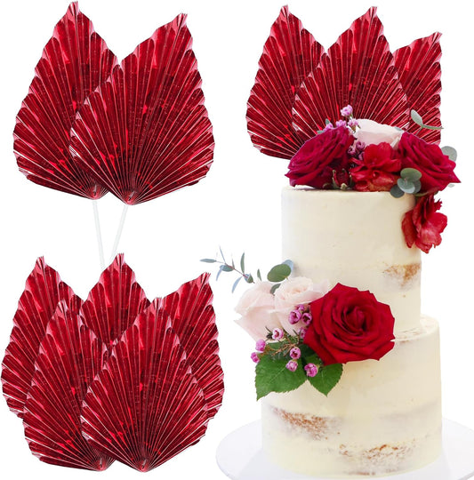 Ephlyn 6Pcs Paper Palm Leaves Fan Cake Toppers Palm Leaf Fan Cake Picks Craft DIY Fan Cupcake Toppers Palm Spear Leaves Cake Decorations for Baby Shower Wedding Birthday Party Supplies Bright Red