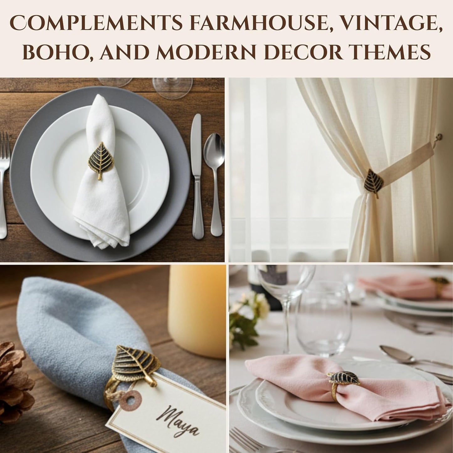 Set of 12 Rooster Napkin Rings for Farmhouse Decor | Premium Metal Leaf Dinnerware Napkin Holders | Thanksgiving, Christmas, and Easter Table Setting (Antique Gold) - ALPHA Living HOME