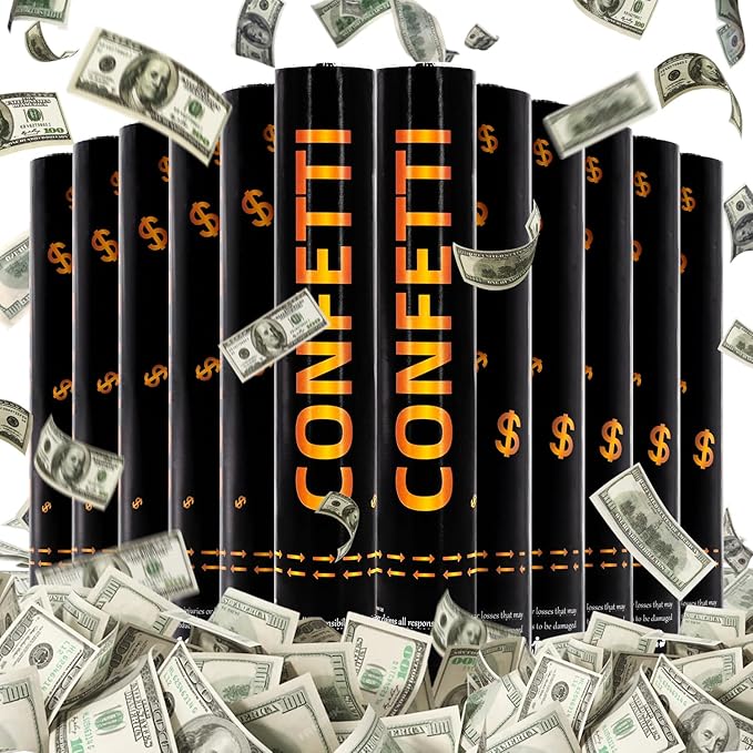 Confetti Cannon 12 Pack Party Poppers Money 100 Dollar Bill Confetti Poppers Make it Rain 12 inch Party Confetti Shooters Bill Launcher for Business Signing Opening Activities Birthday Party