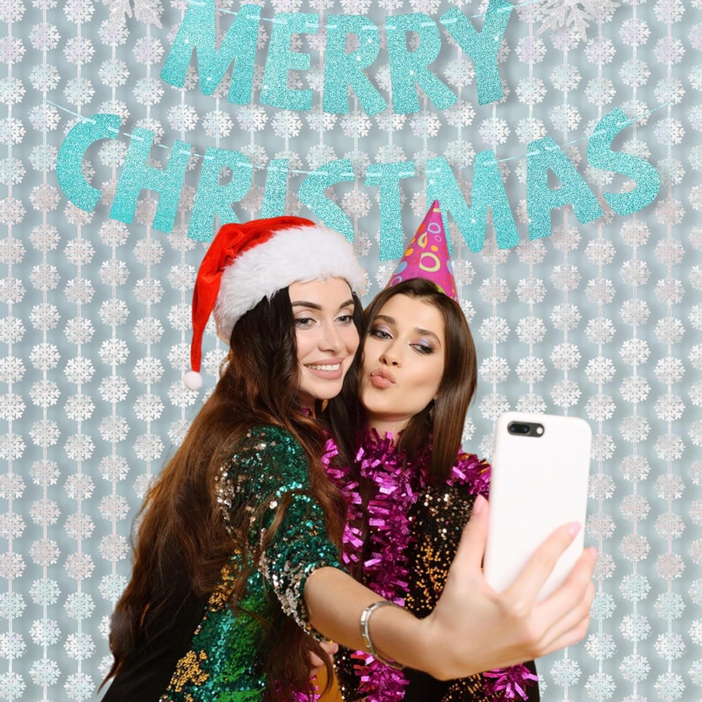 BRAVESHINE Silver Party Snowflake Backdrop - 2 Pack Hanging Foil Fringe Snow Flakes Party Streamers Curtain for Christmas Winter-Themed Frozen Birthday Baby Shower Holiday New Year Party Decorations