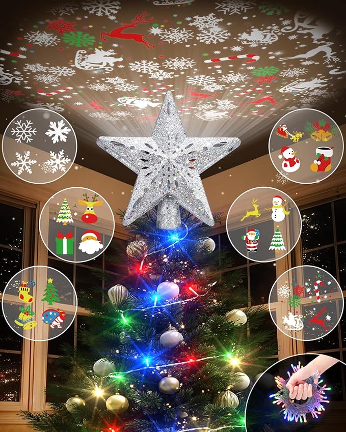 Christmas Tree Topper Star Lighted with Colorful Christmas Light Cord, Built-in 6 Projected Patterns, 3D Glitter LED Rotating Lights for Party Holiday Xmas Decorations Gifts (Silver)