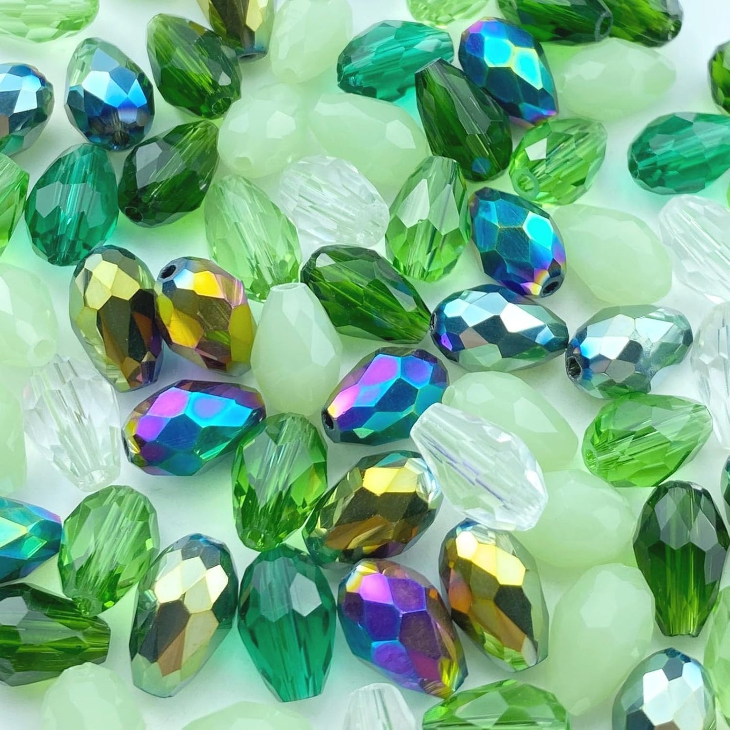 200pcs 4x6mm Teardrop Crystal Glass Beads Vertical Hole Faceted Loose Spacer Beads for DIY Craft Jewelry Making Necklace Bracelet Earring Wind Chimes(Green Series)