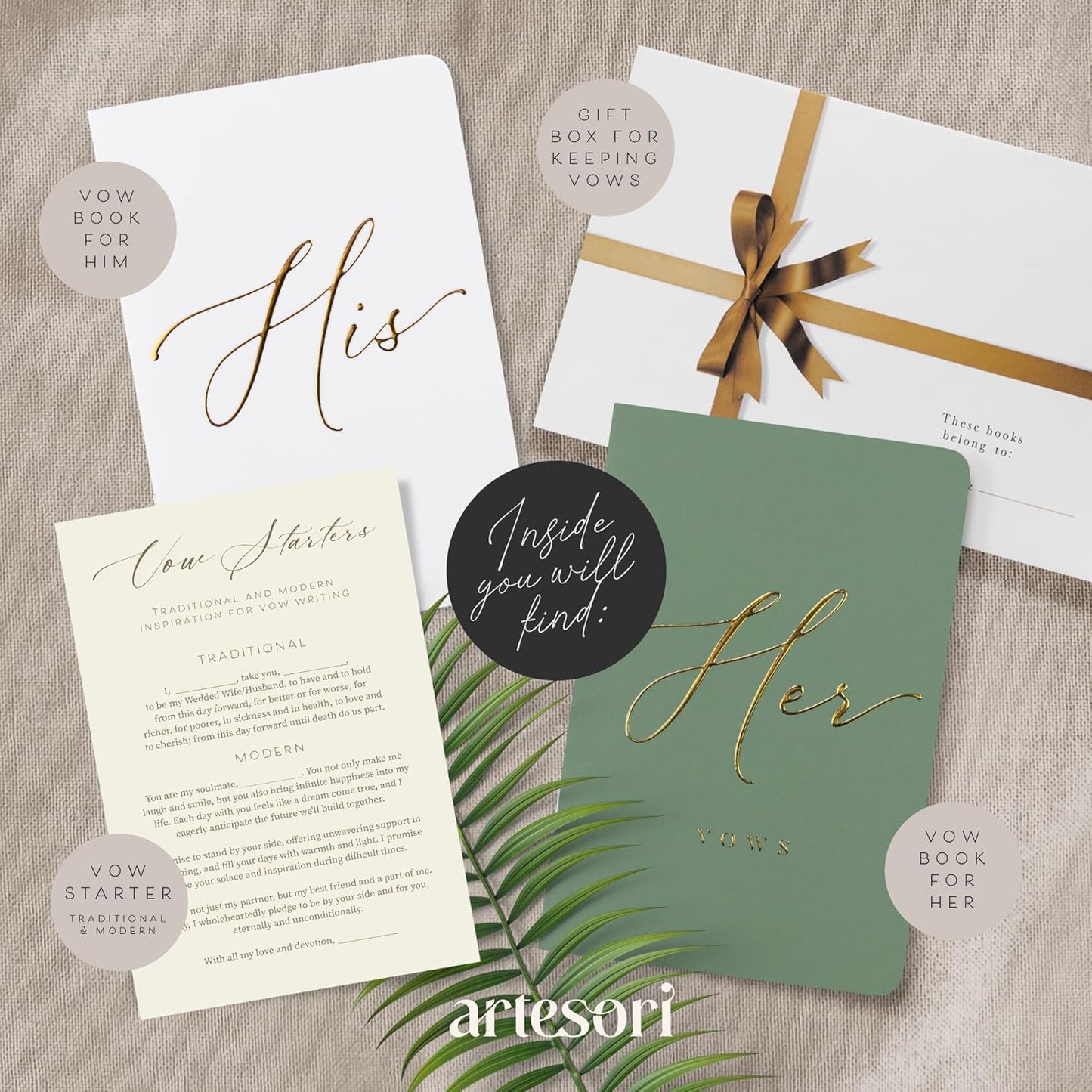 ARTESORI Wedding Vow Book for Her & Him, Soft Touch, Gold Engraving, 28 Lined Pages, Wedding Vow Books His and Hers, Wedding Essentials, Wedding Registry Gifts, His and Hers Gifts [Sage & White]