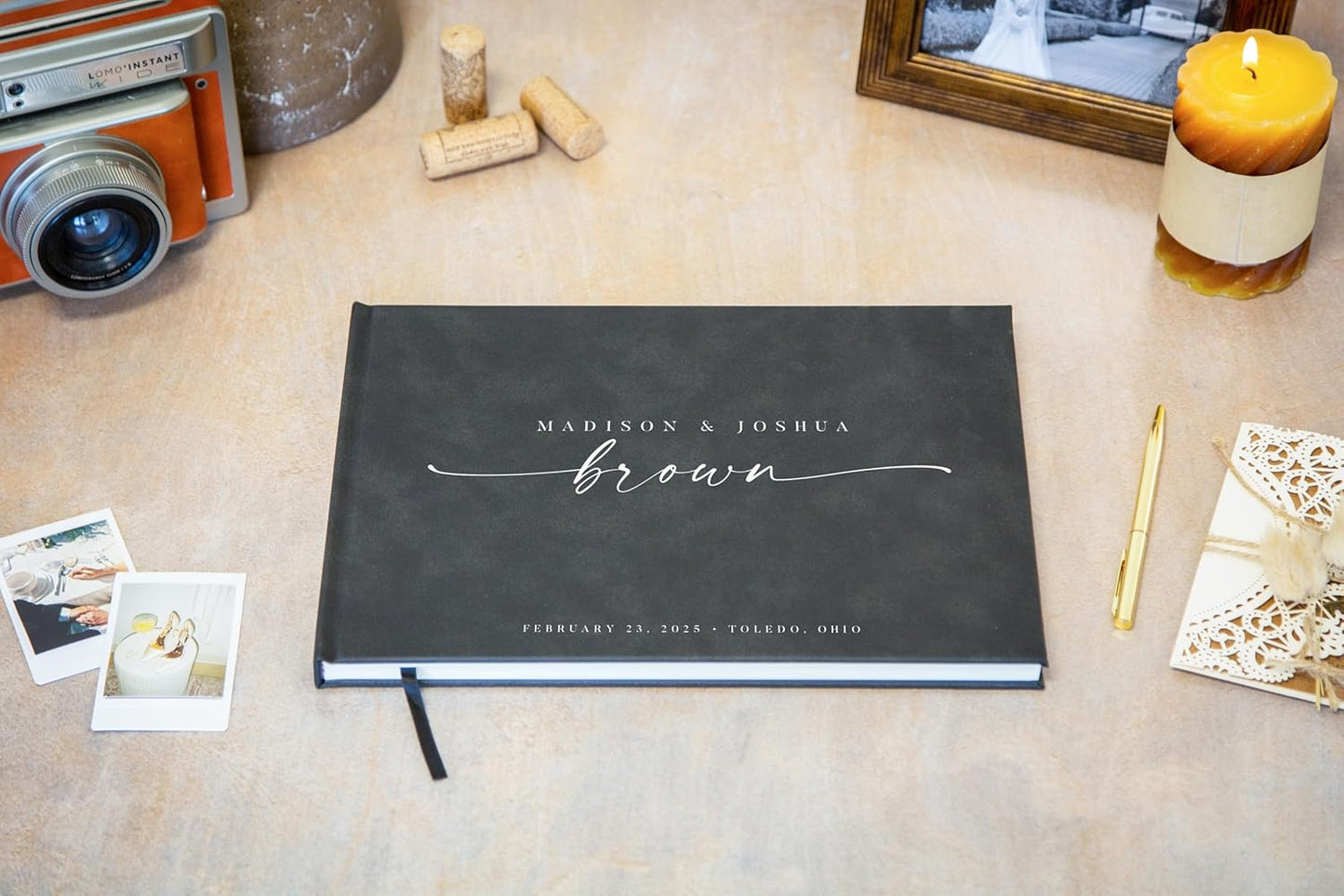 Personalized Guest Book - 11.5" x 8.5" Custom Bride & Groom Names with Bookmark and Hard Cover 140 GSM Blank Pages, for Weddings Guest Book, Engagements, Birthdays, Special Events, Charcoal