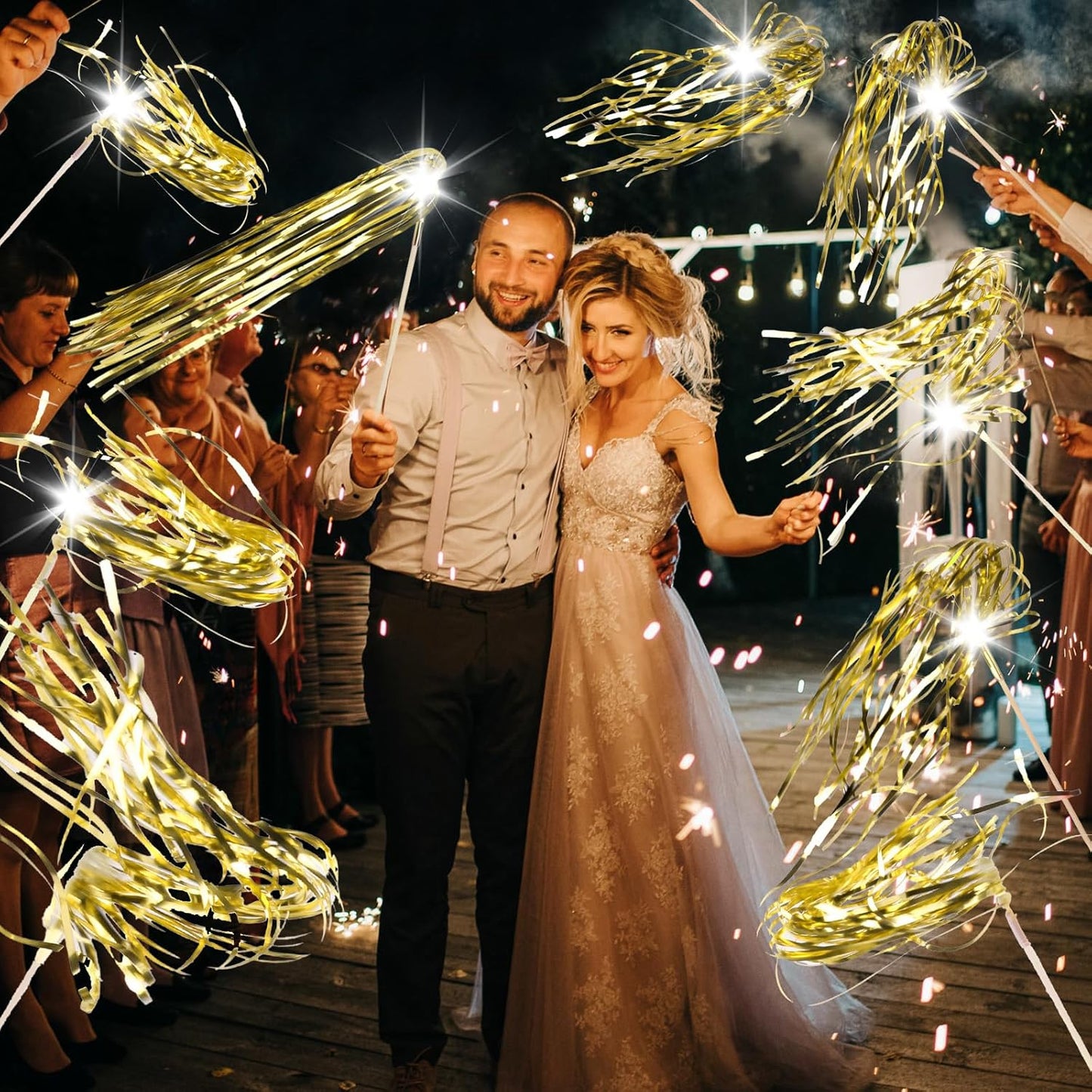 100 pcs Wedding Wands Light up with LED Tinsel Wedding Streamers for Wedding Send off and Greeting Ideal Props for Weddings, Birthday Parties, Christmas Cheerleading Games (Gold)