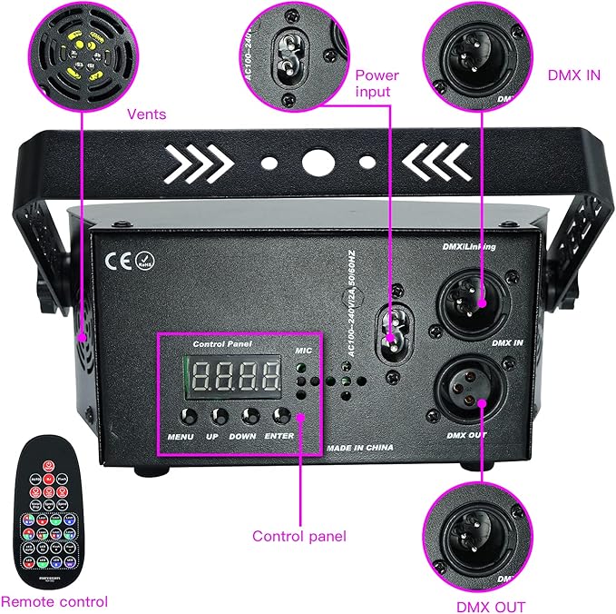 AMKI DJ Disco Lights, 15 Eyes RGB Party Stage Light by DMX512 Control, Sound Activated LED Pattern Strobe Lights for Parties Live Laser Light Show Xmas Club Bar Disco Dancing