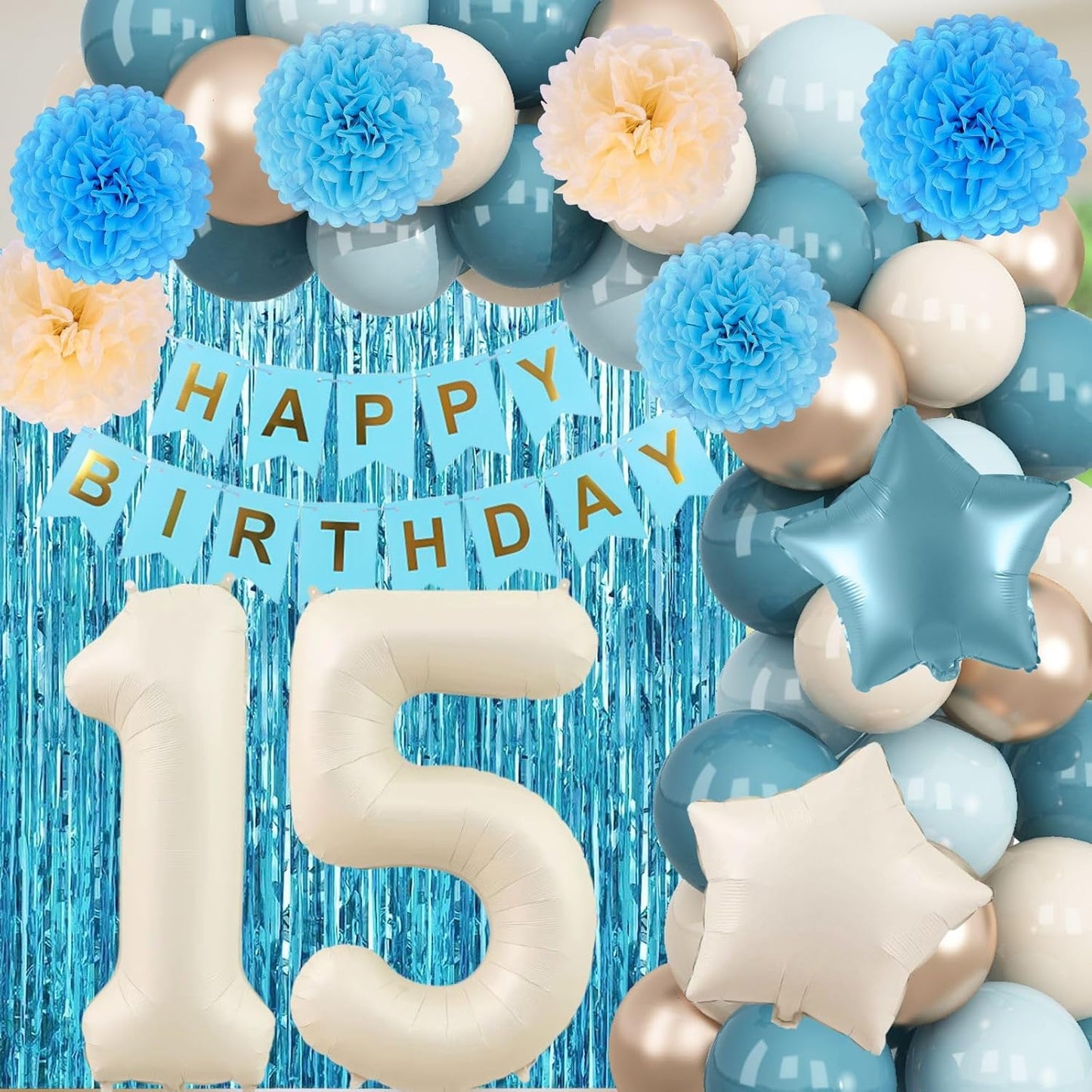 Dusty Blue 15th Birthday Party Decorations Boys Girls Beige Cream Number 15 Balloon with Blue Gold Happy Birthday Banner Fringe Curtain Paper Pom Poms Nude White Sand Champagne Star Foil Balloons