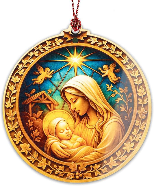 Nativity Mary and Baby Jesus Ornament – Nativity Ornament – Religious Gifts – Christian Decor – Christmas Ornament – Suncatcher Effect Stained Glass Window Hanging – Car Hanging