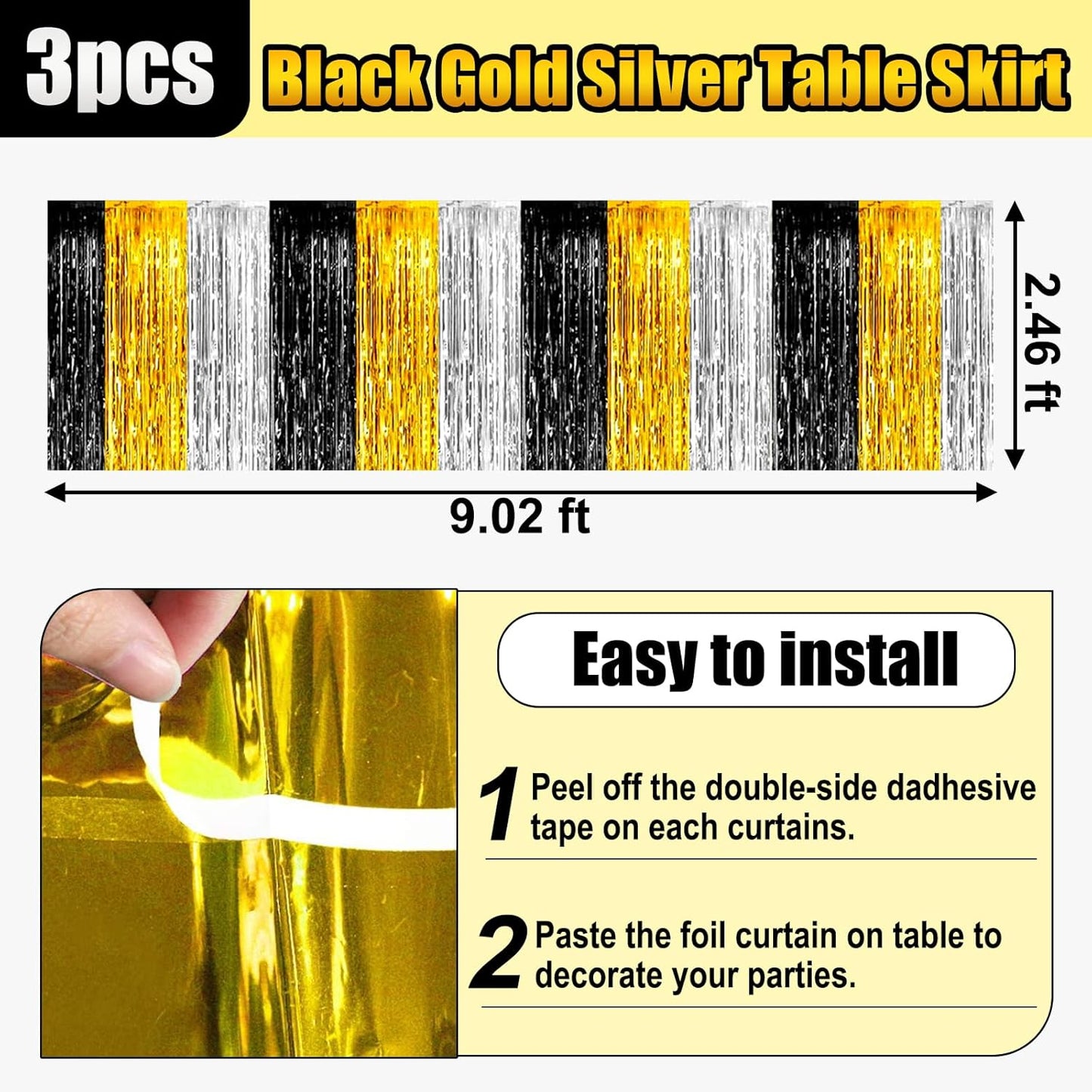 3 Pack 29 x108 Inch Black Gold Silver Foil Fringe Table Skirts Metallic Banner for Tinsel Streamer Garland Backdrop for Parade Floats Wedding Thanksgiving Birthday Christmas Halloween Party Decoration