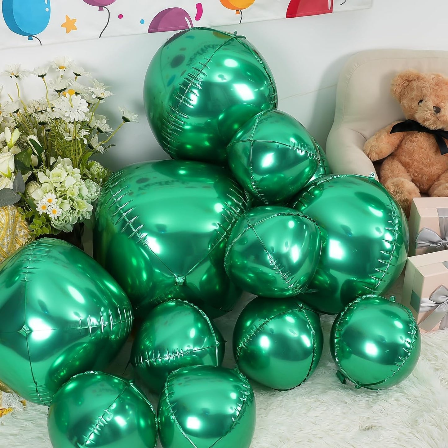 12Pcs Green Round Foil Balloons, 22" 15" 10" 4D Helium Ball Balloon, Metallic Green Foil Balloon for Birthday Graduation Wedding Anniversary New Year Eve Disco Prom Party Decorations