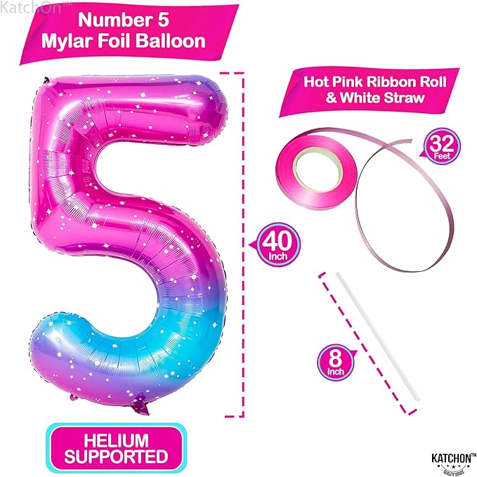 KatchOn, Rainbow Number 5 Balloon - Giant, 40 Inch | Pink Blue Number 5 Balloons | Number 5 Birthday Party Decorations | Foil Galaxy 5 Balloon number for 5th Birthday | Happy Anniversary Decorations