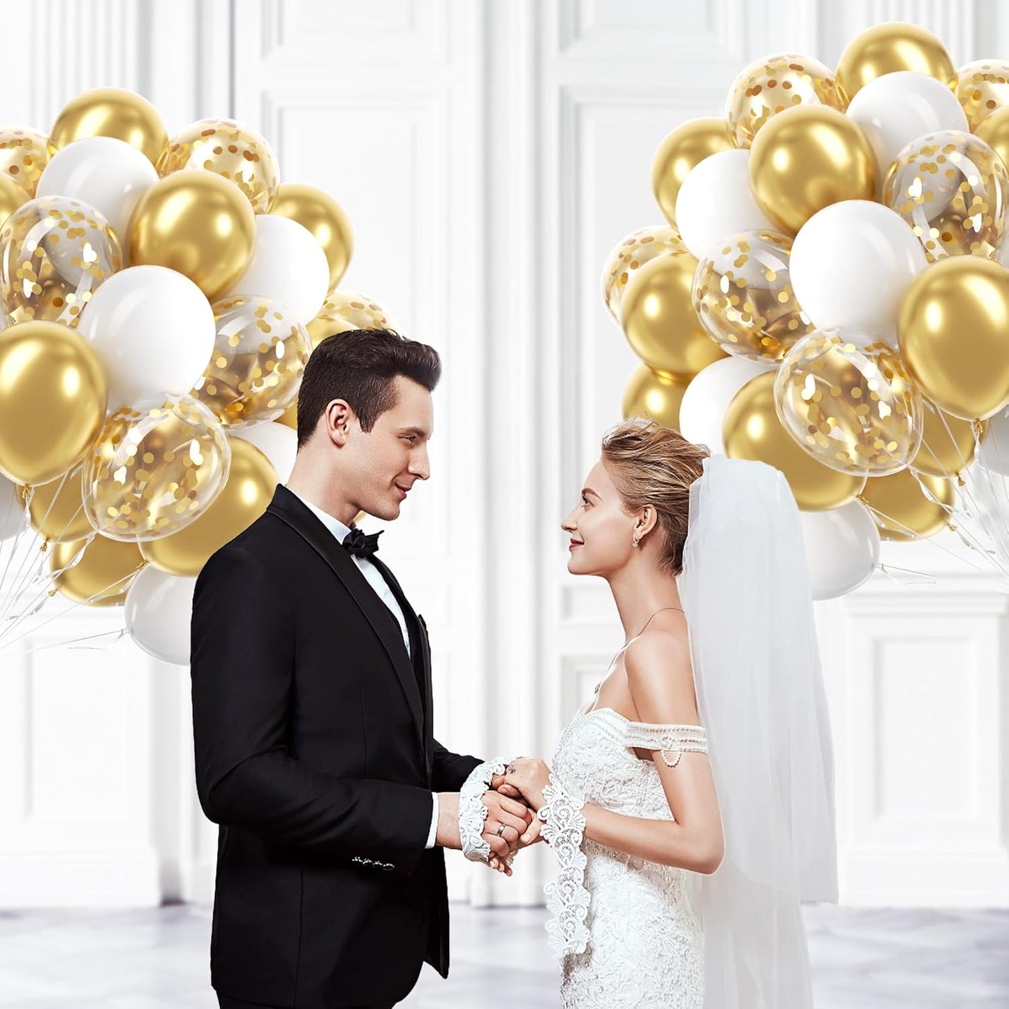 60pcs Gold and White Balloons 12inch, White and Gold Balloons with Metallic Gold Confetti Balloons for Graduation Wedding Engagement Birthday Party Decorations