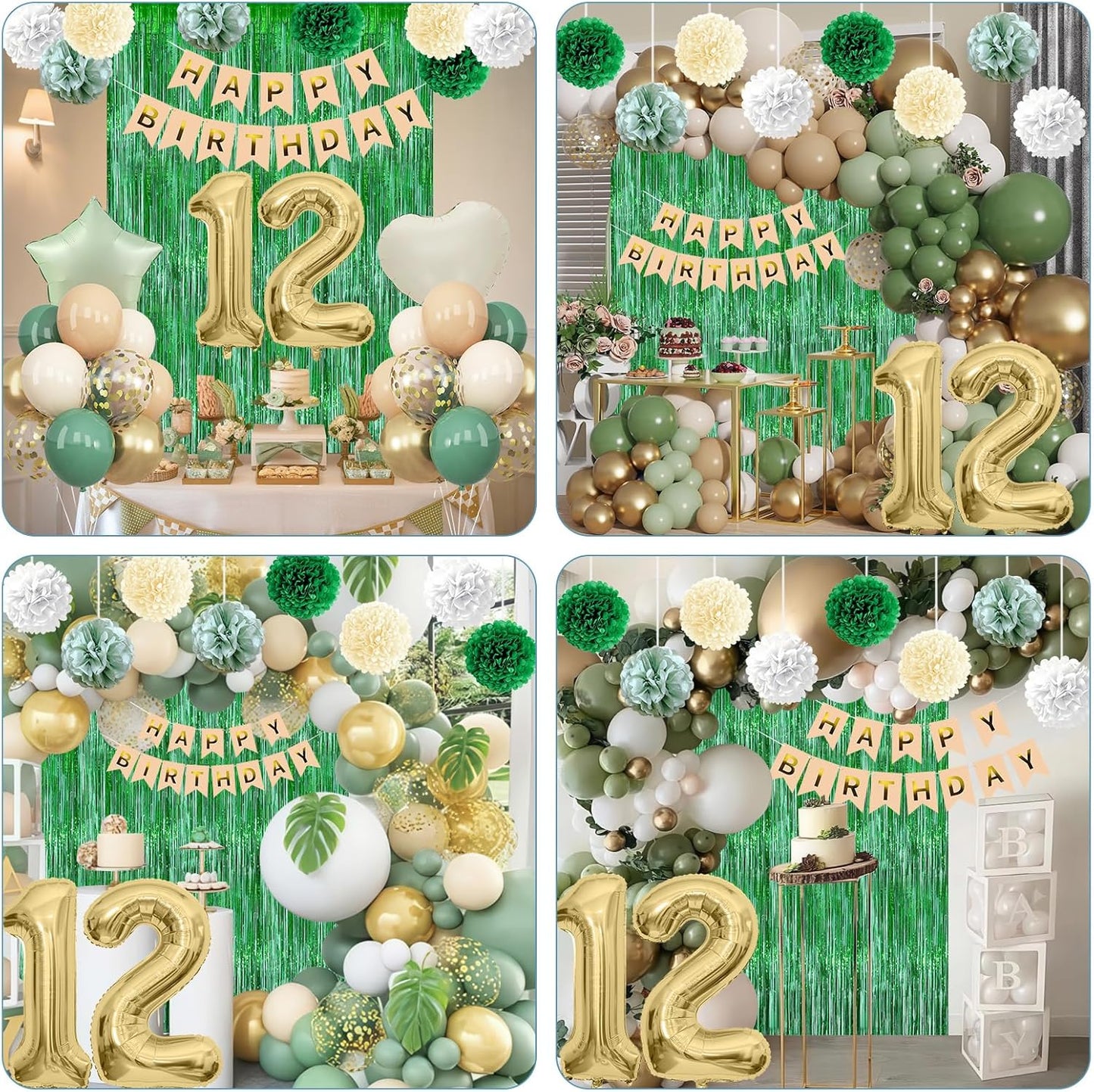 Sage Green 12th Birthday Decorations for Boys Girls Gold Number 12 Balloon Nude Gold Happy Birthday Banner Fringe Curtain Paper Pom Poms Olive Green Cream White Sand Star Foil Balloons Party Decor