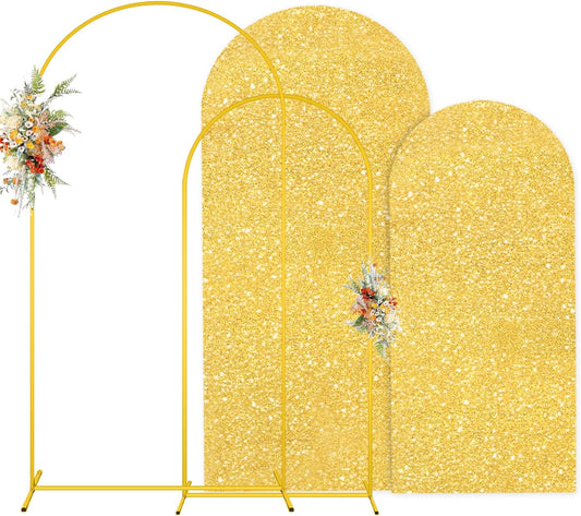 MODFUNS Arch Backdrop Stand and Cover Set 6&7.2ft Gold Sequins Arch Cover Metal Arch Backdrop Stand Set of 2 Wedding Arch Frame with Covers for Reception Birthday Party Decorations