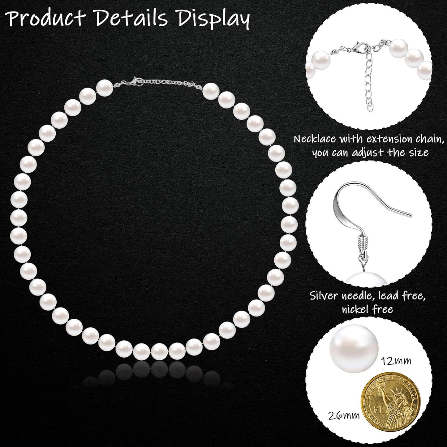 4 Pcs 1920s Faux Pearl Costume Jewelry Set for Women Halloween Simulated Necklace Bracelet Earrings for Wedding