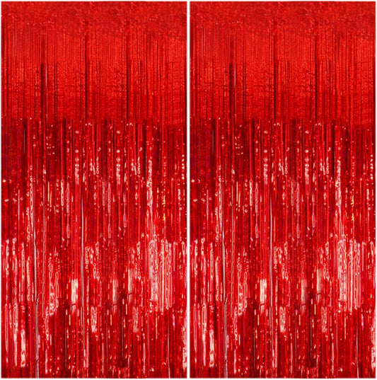 2 Pack Foil Curtain Backdrop Red Metallic Tinsel Foil Fringe Curtains Photo Booth Props for Birthday Wedding Engagement Baby Shower Bachelorette Christmas Holiday Celebration Party Decorations