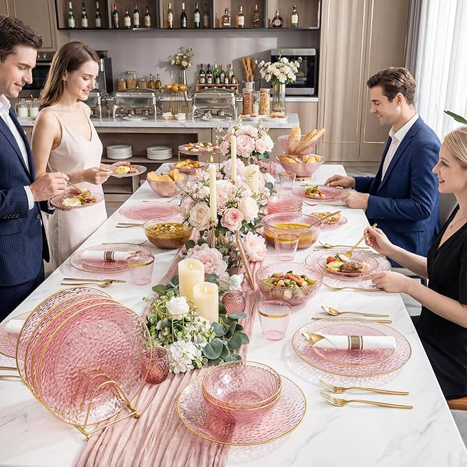 Rubtlamp 700Pcs Pink Gold Plastic Plates, Fancy Hammer Party Plate, Pink Plastic Dinnerware Set Include 100 Dinner Plates,100Salad Plates,100Cups,100Pre Rolled Gold plastic Silverware for Party