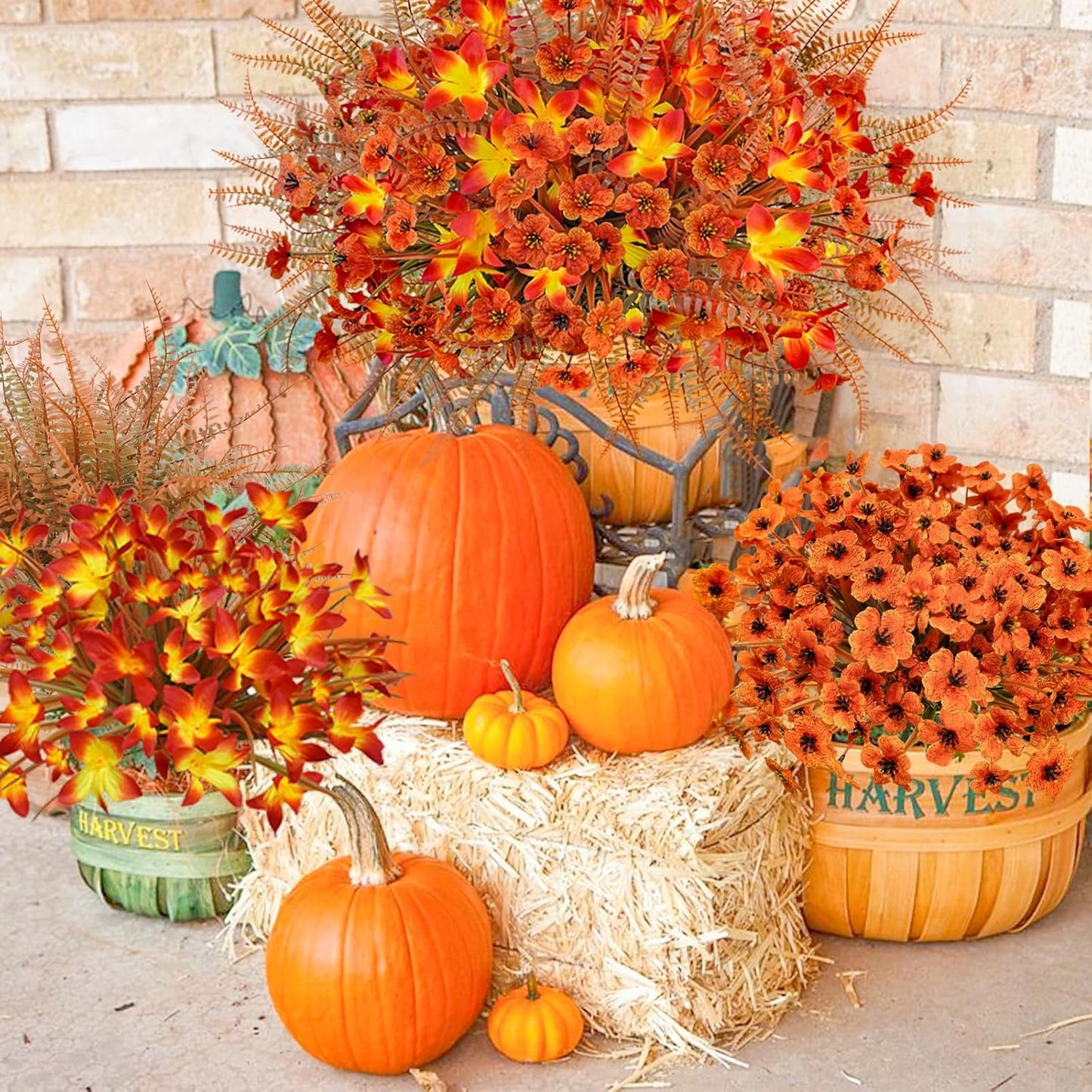 64Pcs Fall Flowers Outdoor Faux Fall Flowers Plants UV Resistant Autumn Artificial Plastic Flowers Greenery Fall Decoration for Outside Home Porch Patio Thanksgiving Decoration