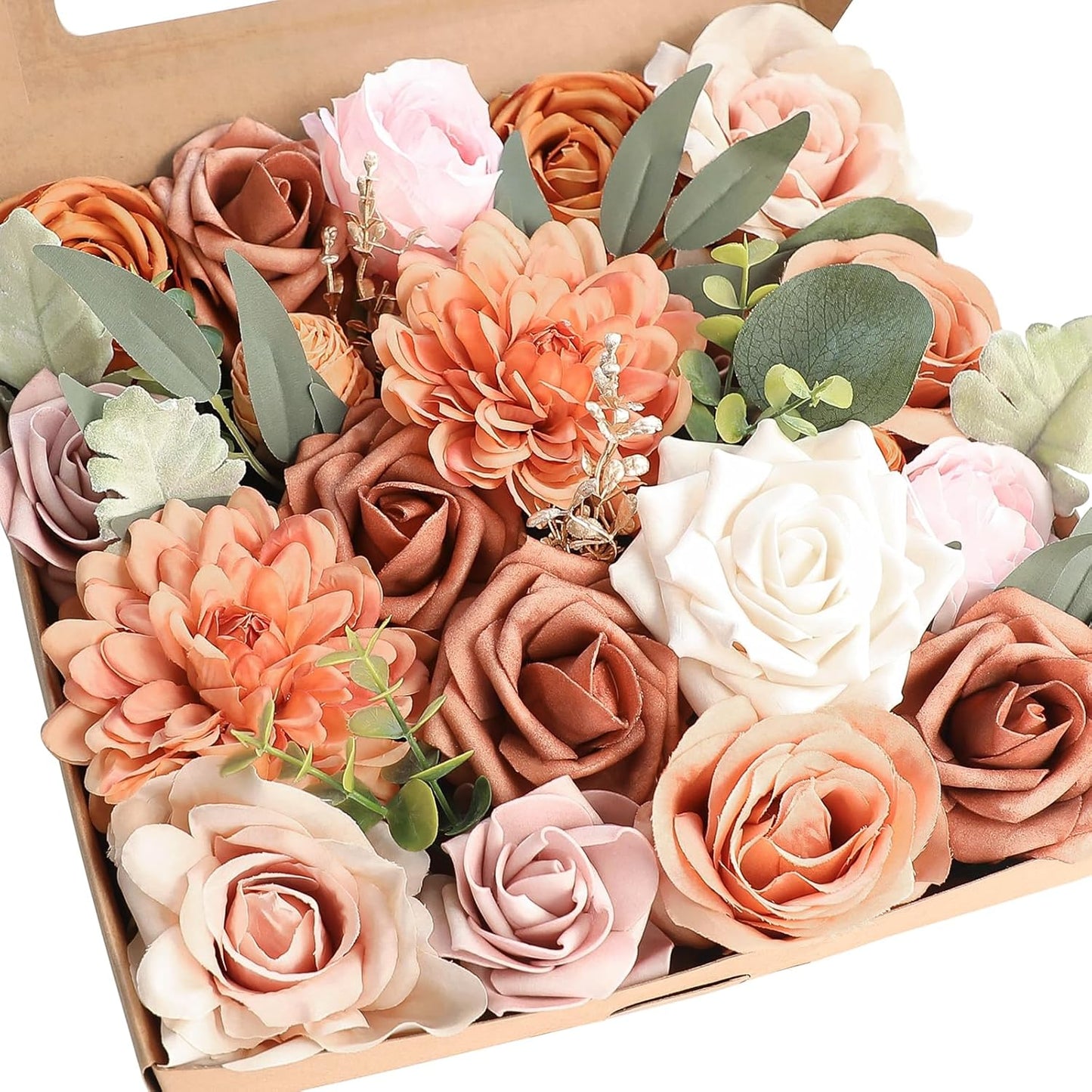 Floroom Terracotta Artificial Flowers Burnt Orange Fake Roses Peonies Dahlias and Greenery Combo Box Set for DIY Wedding Bouquets Bridal Shower Centerpieces Floral Arrangements Party Tables Decoration