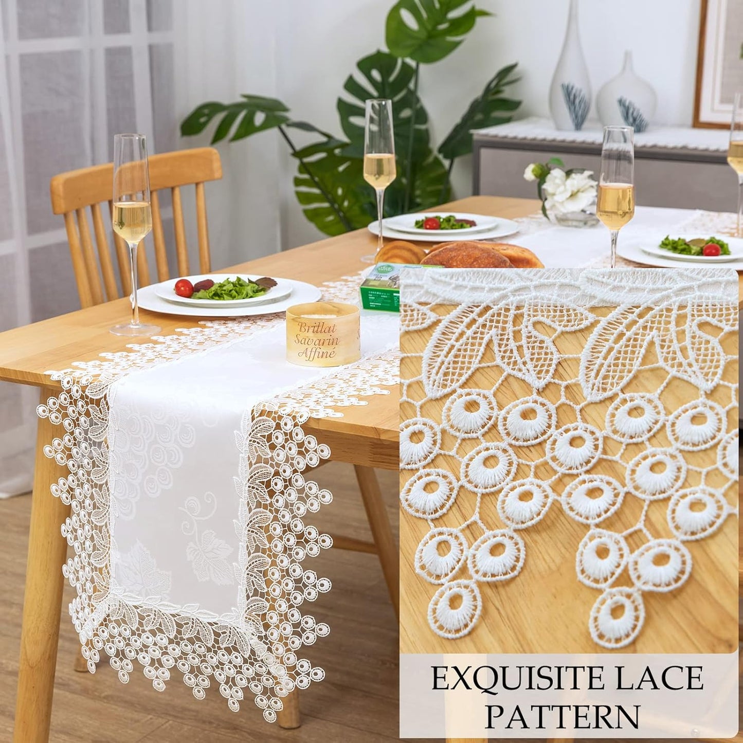 White lace Premium Rectangle Farmhouse Table Runner Waterproof OilProof SpillProof AntiShrink Soft Wrinkle Resistant Decorative Fabric Table Cover Kitchen Dinning Party Wedding Banquet