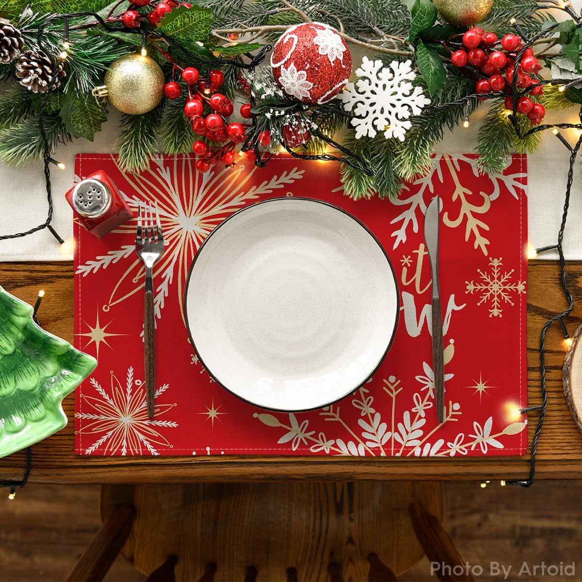 Artoid Mode Red Snowflake Let It Snow Winter Placemats for Dining Table, 12 x 18 Inch Seasonal Christmas Washable Table Mats Set of 4
