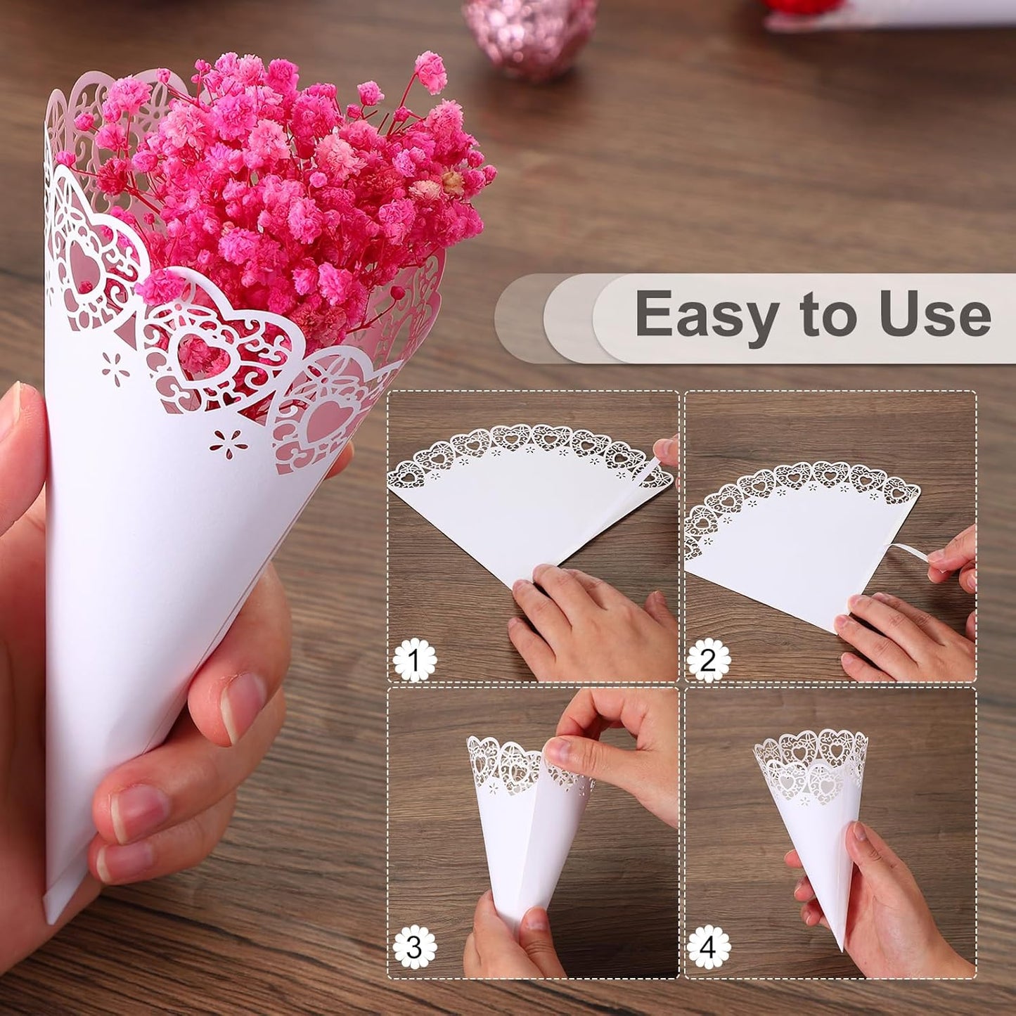 PATIKIL Wedding Confetti Cones, 100 Pcs Paper Tapers Hollow Print Wave Cone Bouquet for Party Candy Gift Boxes Chocolate Bags Buffet Bachelor Party Petals, Pink