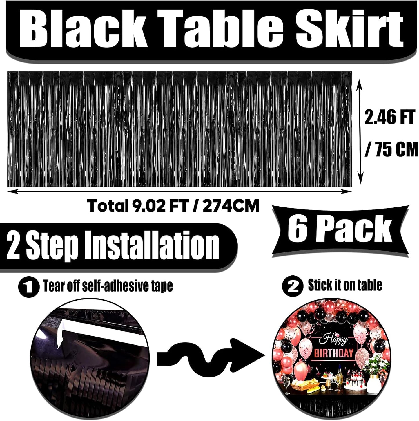 6 Pack 29x108 Inch Metallic Foil Fringe Tinsel Table Skirts Banner for Rectangle Tables Streamer Garland Curtains Backdrop for Wedding, Birthday, Parade Floats, Christmas Party Decoration(Black)