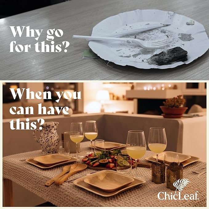 Chic Leaf Palm Leaf Disposable Bamboo Plates – Square, Biodegradable & Compostable Party Plates for Weddings, Parties & Events, Christams Dinner Turkey Meal Holiday - Disposable Platter (10", 20 Pack)
