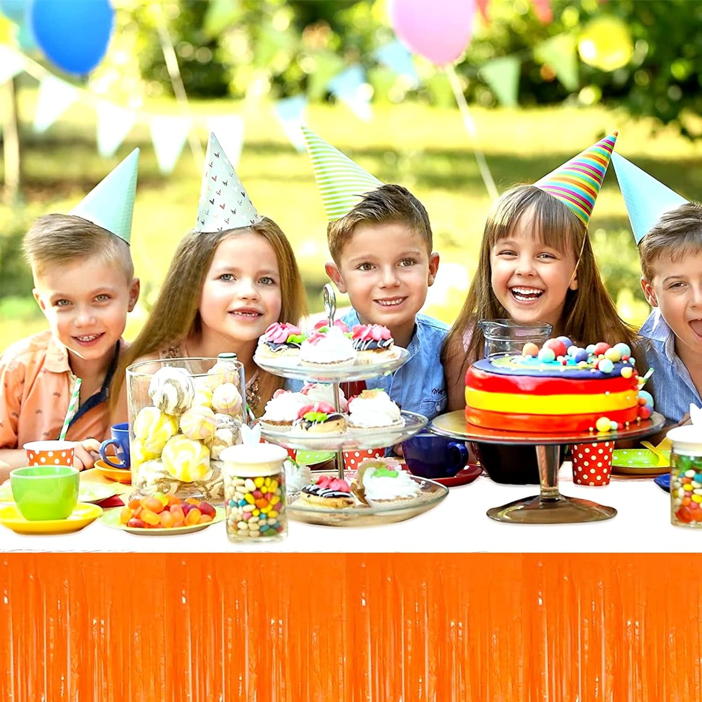4 Pack 29x108 Inch Metallic Foil Fringe Tinsel Table Skirts for Rectangle Tables Streamer Backdrop for Wedding, Birthday, Parade Floats, Christmas, Halloween Party Decoration(New Orange)