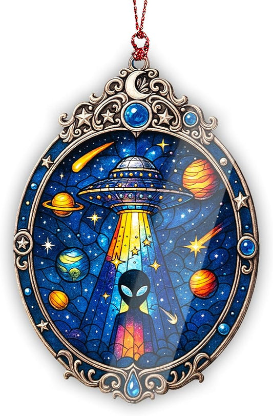 Alien Ornament – UFO Decor | Galaxy Ornament + Sci Fi Keepsake – Space Lover Gift – Alien Christmas Ornament – Suncatcher Effect Stained Glass Window Hanging – Car Hanging Decoration