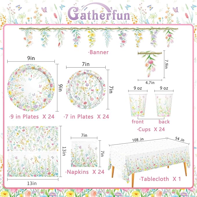 Gatherfun Wildflower Party Decorations Set for 16 - Flower Birthday Decorations with Dinner & Dessert Plates and Napkins for Wildflower Baby Shower Decorations