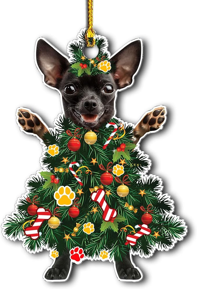 Black Chihuahua Christmas Tree Ornament - Festive Holiday Acrylic Hanging Decoration - Black Chihuahua Christmas Tree Topper Ornament