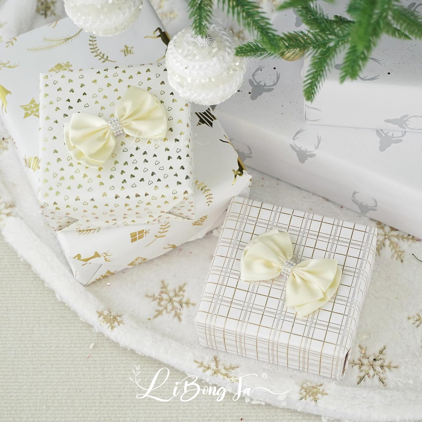 Ivory Satin Bows 4'' Premade Ivory Ribbon Bows, Gift Bows with Rhinestone, Wrapping Bows for Presents, Greeting Cards, Treat Bags, Wine Bottles, Valentines Bows for Gift Wrapping-12 Counts