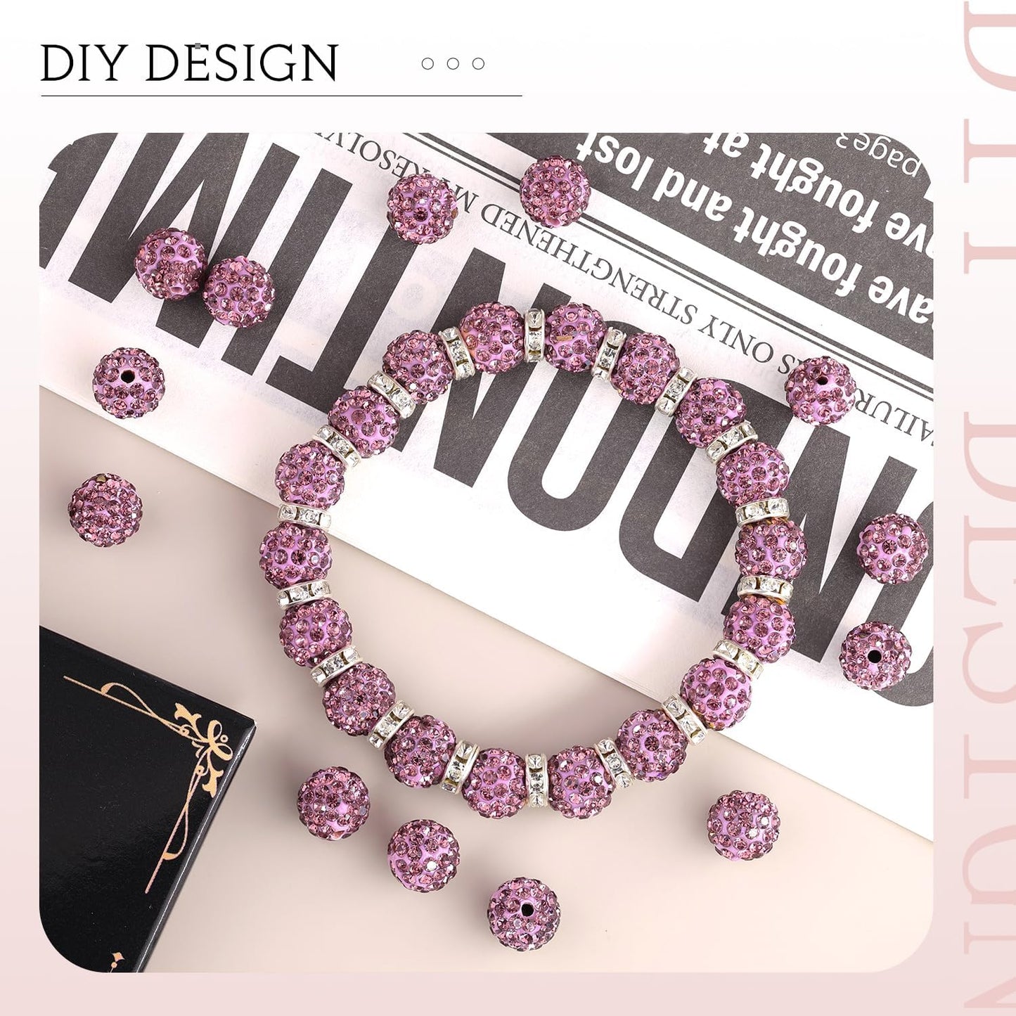 200pcs 10mm Light Purple Rhinestone Beads for Jewelry Making, Shiny Round Shamballa Disco Ball Beads, Sparkle Crystal Clay Christmas for Bracelet Baseball Necklace Earring Crafting and DIY