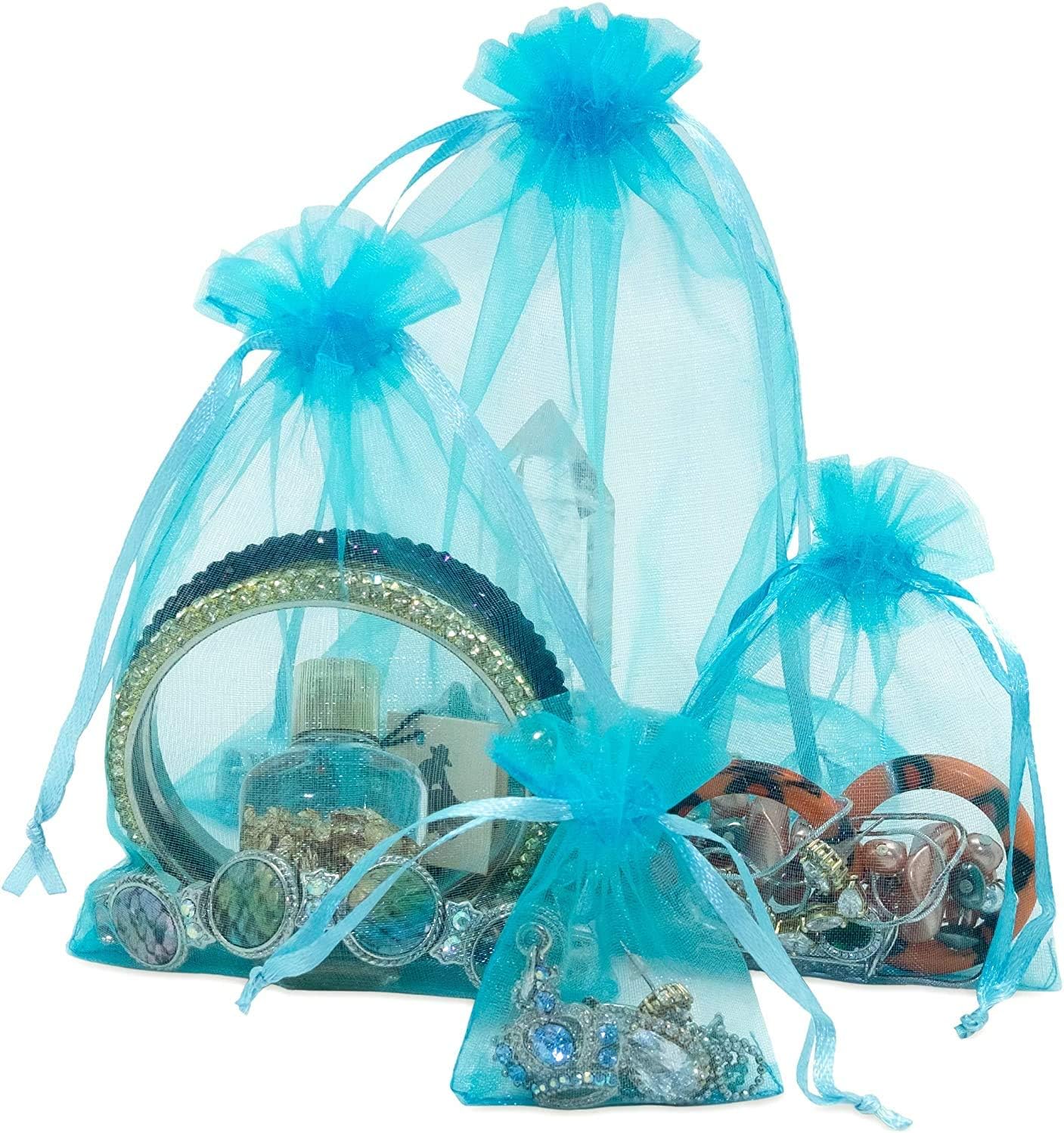 TheDisplayGuys 100-Pack XS 2" x 2 3/4" Turquoise Blue Sheer Organza Gift Bags with Drawstring, Jewelry Candy Treat Wedding Party Favors Mesh Pouch