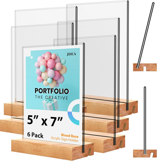 5x7 Inch Acrylic Sign Holder with Wood Base Vertical and Slant Displays(6 Pack 5*7")