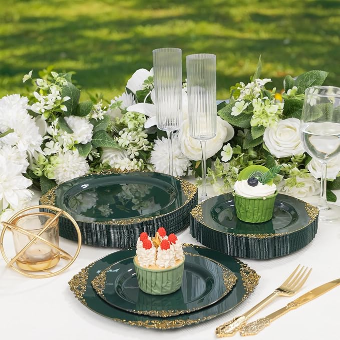 125PCS Green and Gold Plastic Plates - Fancy Green Disposable Plates - Vintage Plate with Gold Plastic Silverware Set for 25 Guests for Party Wedding Holiday