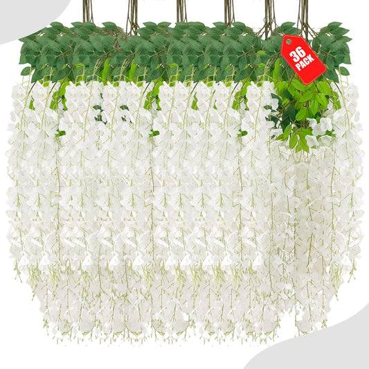 36 Pack White Wisteria Hanging Flowers, 3.44 Ft Fake Hanging Flowers, Artificial Wisteria Garland Vines for Wedding Room Backdrop Outdoor Patio Garden Decoration