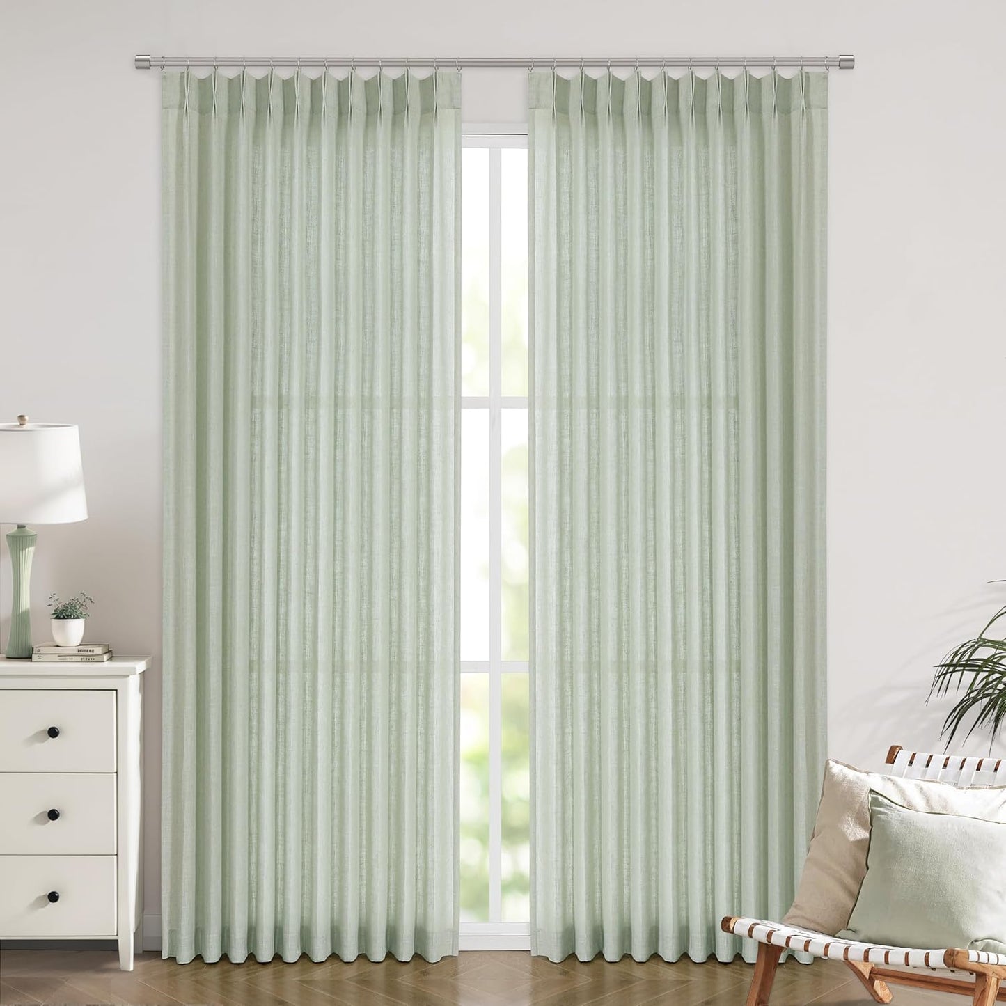 Vision Home Light Green Pinch Pleated Semi Sheer Curtains Textured Linen Blended Light Filtering Window Curtains 90 inch for Living Room Bedroom Patio Pinch Pleat Drapes with Hooks 1 Panel 60" Wx90 L