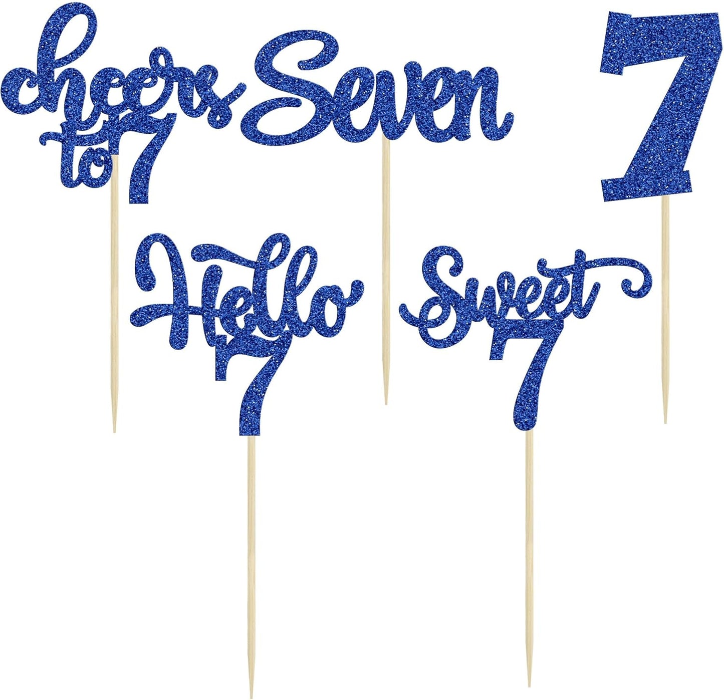 30Pcs 7th Birthday Cupcake Toppers Glitter Seven Happy 7 Cupcake Picks Cheers to 7 Years Old Cake Decorations for 7th Birthday Party Supplies Deep Blue